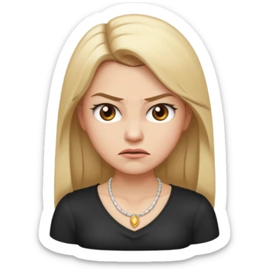 Cartoon emoji of a girl with long, straight blonde hair, fair skin, soft brown eyes. Wearing a white top with a delicate necklace, angry facial expression, furrowed brows, slightly pursed lips. Smooth, simple, stylized. sticker