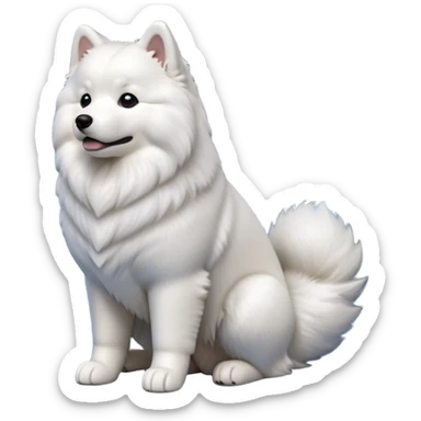 cinematic-[samoyed]-realistic-full-body-sitting-emoji,-tail-resting-loosely-beside-its-paws,-head-tilted-dramatically, -fluffy-[white]-fur,-simplified-yet-realistic-focused-features,-highly-detailed,-glowing-with-an-almost-sarcastic-glow sticker