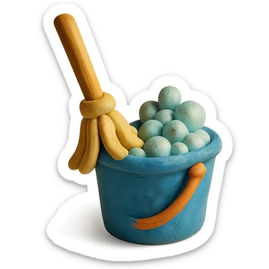 mop inside a bucket with soapy bubbles, playful arrangement, pastel palette, claymation style sticker
