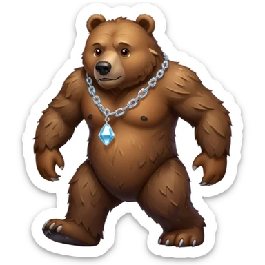 Fierce brown bear walking on four paws with an ice chain necklace, frozen chain links made of crystal clear ice, serious face sticker