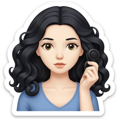 pale skinned woman with long black hair curling her hair, getting ready sticker