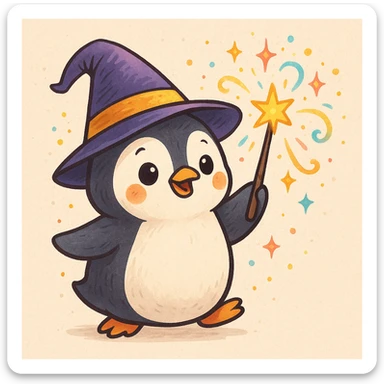 a cute penguin wizard casting a spell, holding a wand, cartoon style sticker