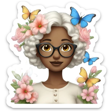 Gorgeous pastel lady with flowers and butterflies with blue eyes and glasses  sticker