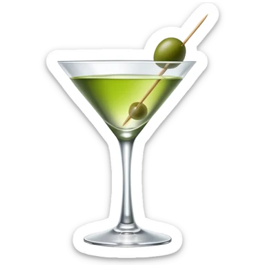 empty martini glass with just a hint of colorless liquid, showing mostly glass with very minimal liquid representation, single green olive on toothpick sticker