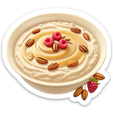 Cinematic creamy oatmeal, smooth texture with a swirl of honey on top, garnished with fresh berries and nuts, warm and comforting, cozy golden tones, rich and delicious. sticker