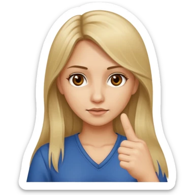 A girl about 35 long dirty blonde, hair, brown eyes holding up the middle finger sticker