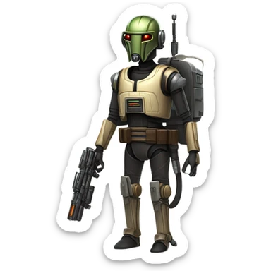 bounty hunter protocol droid wearing backpack, saddlebags and light saber ready to fight sticker