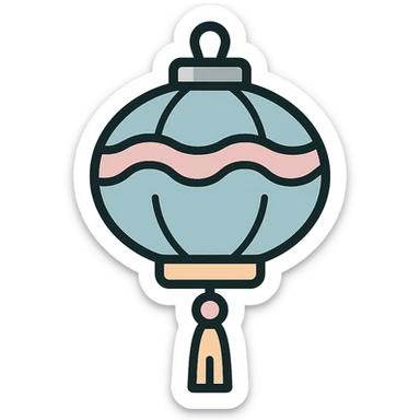 beautiful Chinese lantern with wavy ornament and tassel, icon-color-outlined style, thin clean contours, soft rounded shapes, pastel palette #98B5BC, #B5B3C1, #C9A3C9, #E4C0CA, #F7DCD1, #F7C0AA, detailed shadows and highlights, soft lighting, transparent background, eastern style sticker