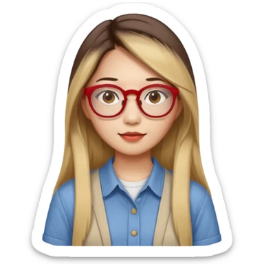 20 yr old asian woman, straight thick long brown hair, blond at ends of hair, middle part, big red glasses, brown eyes, casual shirt sticker