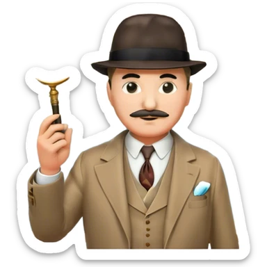 A cinematic-style frame showing Hercule Poirot in his iconic suit with a magnifying glass in a dramatic detective pose. Background should be mysterious city, map, a board with photos of suspects, clues like fingerprints. Transparent background. sticker