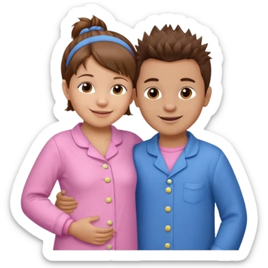 Try another - a smaller toddler girl with brown hair with her hair up, wearing pink pajamas and a bigger 4 year old boy with spikey brown hair, wearing blue pajamas. Both light skin and smiling.  sticker