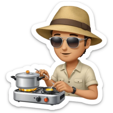 A man camper boiling water on a portable stove, enjoying the outdoor breeze.
 sticker