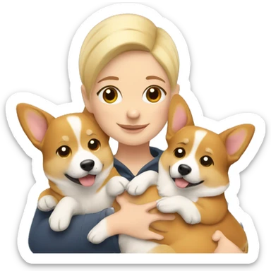 Blonde girl with short hair hugs two corgis sticker