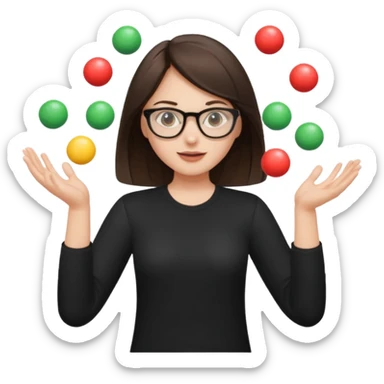 a brunette girl in a black shirt wearing glasses is  juggling  with two hands  sticker