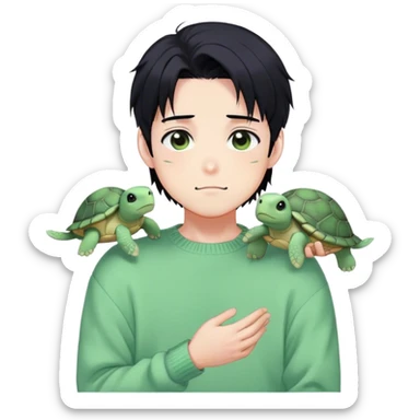 Gorgeous pastel green sweater black hair anime style shojo guy with blushing face and, turtle, aesthetic, trending style outside  sticker