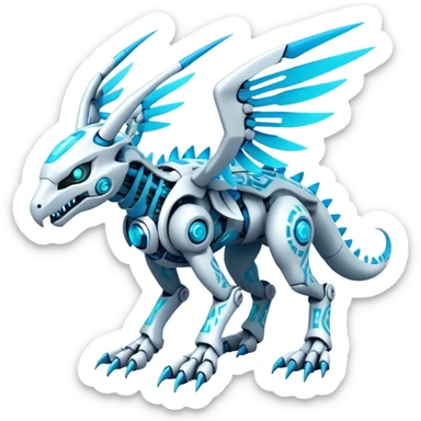 Futuristic mechanical modern badass cool shiny white with glowing cyan-blue animal Digimon Fakémon hybrid full body with intricate patterns sticker