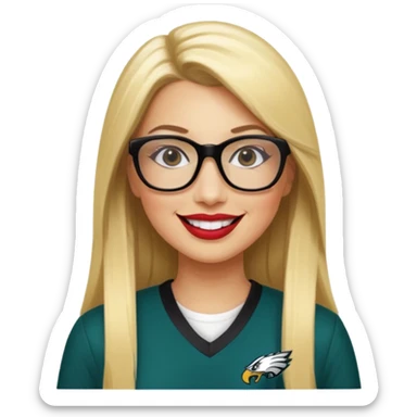 long blonde straight hair, black rectangle glasses, smiling, lipstick, full length eagles uniform, 33 sticker