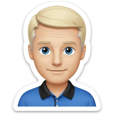 Avatar pic male gray hair blue eyes clean shaven blonde eyebrows high cheekbones sly smile long eyelashes wearing a black golf shirt sticker