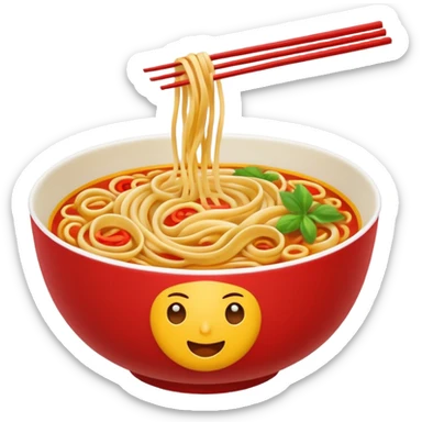 Chinese cuisine humanless avatar in bright emoji-style illustration. Noodles bowl, red and gold colors, simple shapes, flat design, bold and energetic. sticker