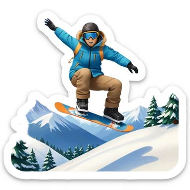 An icon featuring a snowboarder mid-jump, performing a stylish trick above a snowy mountain slope. The background showcases powdery snow, evergreen trees, and a bright blue sky. Transparent background captures the energy, skill, and thrill of snowboarding. sticker