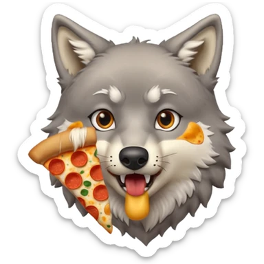 a surprised grey wolf eating a piece of pizza emoji sticker