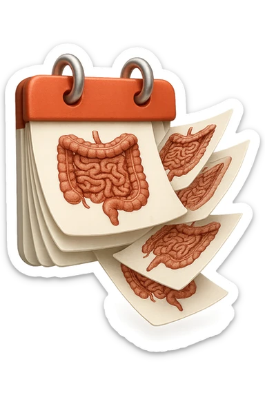 emoji stile iphone di un calendario con fogli che volano insieme, sui fogli ci sono disegnati degli intestini anatomici, iperrealistico 4k, isolato su sfondo bianco sticker