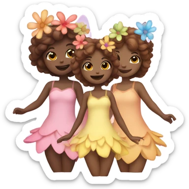 Four fairies with different grades of brown hair, in cute flower dresses like petals  sticker