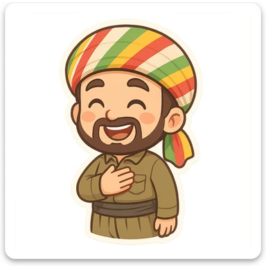 cartoon sticker of a Kurdish man in traditional clothing with hat, hand on chest (salute) pose, open smile, colorful and cheerful, no text, suitable for WhatsApp and Instagram sticker