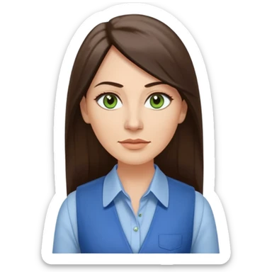 43 year old Adult woman avatar, light skin tone, long, oval face, long straight ashy brown hair, green almond-shaped eyes with dramatic eyelashes and minimal eyeliner, neutral mouth, medium straight eyebrows, average nose, smooth skin,  white collared button down shirt, blue vest sticker