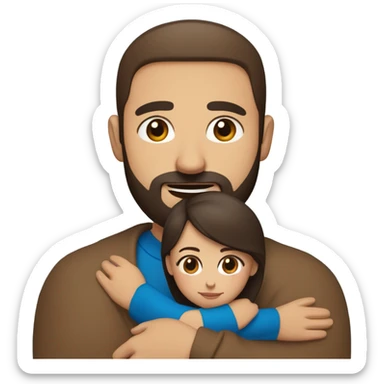 Comforting hug from brunette Puerto Rican with dark brown eyes wearing a cute blue top to short, bald man with brown eyes and a beard wearing a brown sweater sticker