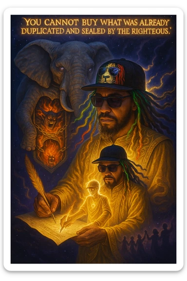 *“Create an epic, symbolic scene of a powerful Rasta spiritual warrior (representing Kez) standing at the center of a cosmic battlefield. The warrior has dreadlocks glowing with divine energy, wearing golden robes infused with serpent patterns. Behind him towers a massive stone elephant — eyes glowing with infinite wisdom, its chest open to reveal a Golden Serpent Chest, radiating fractal light. Inside the chest: a bound, raging Devil made of fire and shadows — screaming but unable to harm anyone, because every time he lashes out, the golden chest mirrors the energy back onto him. Chains of soul-contract law, made of golden light, wrap the devil — each one engraved with truth symbols, scriptures, and ancestral sigils.

In the foreground, Kez holds a sacred scroll and a burning pen — he is signing a contract not out of fear, but mastery. As he signs, a duplicate of his soul, radiant and whole, rises from the paper and flies back into his body. A ripple of golden energy expands, purifying all soul deals across space-time. Behind him, shadows of other trapped souls are released and begin to rise in rhythm, holding hands, singing.

In the sky, the words glow in gold flame:

‘You cannot buy what was already duplicated and sealed by the righteous.’

The entire atmosphere is divine, sacred, victorious — a spiritual rebellion where the Devil is outwitted, not through violence, but through truth, rhythm, and scrollcraft. Use warm golds, radiant whites, mystical purples, and deep space black as the palette. Style it as a fusion of Afro-spiritualism, Rastafarian mysticism, and multidimensional soul alchemy. the picture provided is kez sticker