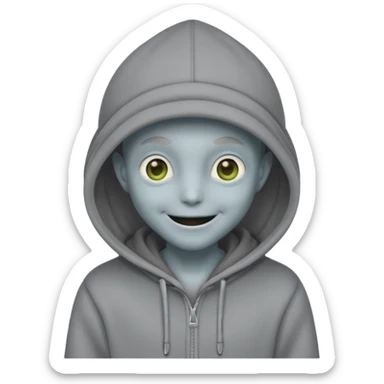 alien in gray hoodie full height, wear hoodie hat, happy sticker