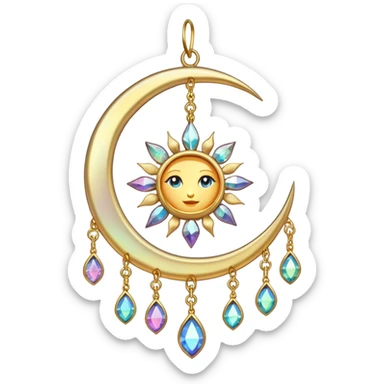 Hanging chained sun-catcher with iridescent crystal gemstones  and gold crescent  sticker