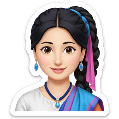 generate a pretty bratz emoji that looks like Kareena Kapoor's Geet character. 
Make her wear a white shirt with a colorful blue-pink dupatta wrapped around her neck. smiling big. Black hair tied into a side part ponytail, silver hoops

She should look exactly  like Kareena Kapoor sticker