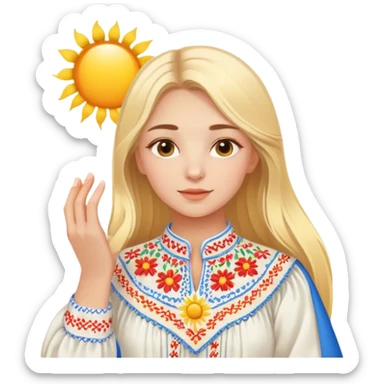 Ukrainian young girl with blonde hair wearing traditional vyshyvanka embroidered shirt holding a bright sun sticker
