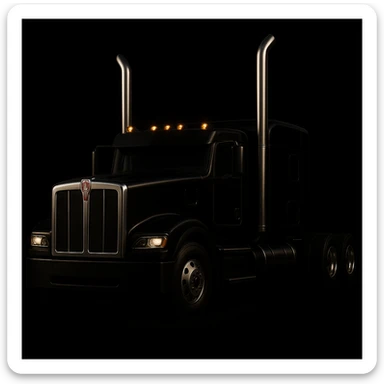 Edit the image of a 2026 Kenworth W680 flattop black semi sleeper with chrome stacks, no cans, dramatic lighting, with no background. Emphasize dramatic lighting and maintain the black semi sleeper style with no background. sticker