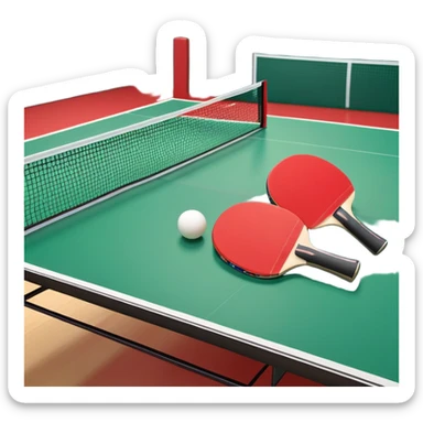 Two table tennis paddles and a ball placed on a ping pong table, with the net in the background. The scene conveys the simplicity and focus of the sport, with vibrant colors highlighting the rackets and ball on the smooth surface of the table. sticker