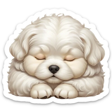 Cinematic Chubby Sleeping Wavy-Haired Maltese dog Portrait Emoji, Chubby and serene, with a round, adorable build and a soft, wavy-haired white coat, eyes gently closed in peaceful slumber, Simplified yet irresistibly endearing features, highly detailed, glowing with a gentle, dreamy glow, high shine, relaxed and content, stylized with a touch of whimsy, bright and heartwarming, soft glowing outline, capturing the essence of a blissfully sleepy companion, so comically serene it feels like it could roll out of the screen and snore with adorable charm! sticker