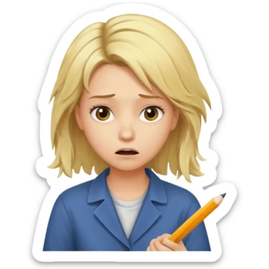 young blonde disheveled hair woman is writing an exam in panic sticker
