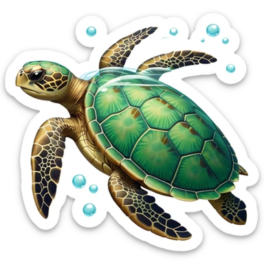 cinematic-sea-turtle-realistic-full-body-swimming-emoji,-graceful-streamlined-body-gliding-through-crystal-clear-waters,-large-flippers-moving-in-fluid-motion,-smooth-green-and-brown-patterned-shell-glowing-in-the-sunlight,-gentle-dark-eyes-filled-with-deep-wisdom,-bubbles-trailing-in-its-wake,-simplified-yet-realistic-focused-features,-highly-detailed,-glowing-with-an-oceanic-serene-light sticker