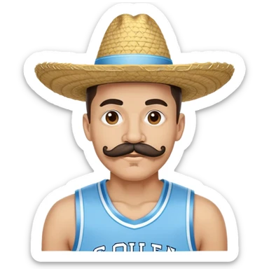 With an oversized handlebar mustache, wearing a colorful sombrero and a Carolina Tar Heels basketball jersey sticker