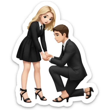  Sabrina carpenter kneeling down wearing a black dress with a tie with black heel sandals, putting her hand on man’s leg  sticker