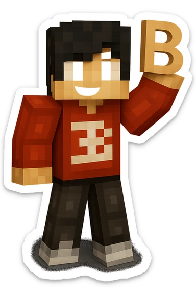 Edit the image to make the character hold the letter B in their hand, keeping the original Minecraft cartoon style and pose. Only add the letter B, do not change anything else. sticker