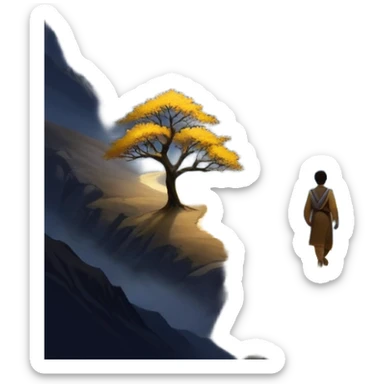 A man walks a winding path from a dark, foggy landscape filled with shadows toward a glowing mountaintop. A light grows in his chest as he follows his intuition. Along the way, he passes symbols of ambition and emptiness, until he reaches a golden tree under a starry sky, and ready to uplift others. sticker