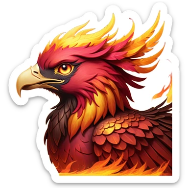 Cinematic Noble Battle-Hardened Mystical Fire Phoenix Portrait Emoji, with scorched, battle-scarred plumage in deep crimson, burnt gold, and smoldering ember hues. Its piercing eyes, hardened by countless conflicts, blaze with unyielding resolve and ancient wisdom. The elongated tail feathers bear vivid marks of fiery combat, rendered with lifelike texture and dynamic highlights, high shine, exuding an aura of mythic martial valor, focused and commanding, with a soft glowing outline that captures a phoenix forged in the fires of war. sticker