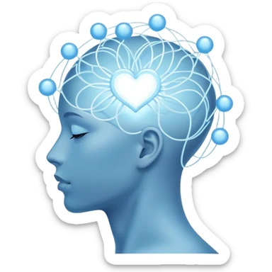 elegant human silhouette with delicate interconnected lines and floating orbs, luminous cores at head and heart, soft white-blue light sticker