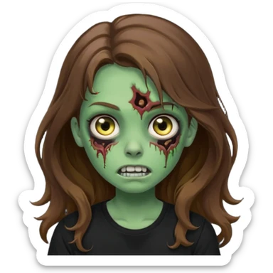 crie uma garotazoombie cabelo ondulado 2c longo castanho castanho comprido e blusa básica preta sem nada com pele esverdeada com rosto fofo sticker