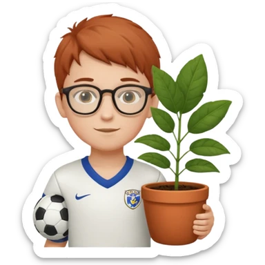 young boy wearing glasses, wearing soccer uniform, holding a plant pot sticker