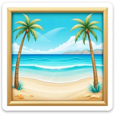Cinematic Realistic Pristine Crystal-Clear Water Beach Emoji in a wooden frame, Sunny and radiant, with soft golden sand stretching endlessly, gently lapping waves of crystal-clear turquoise water washing onto the shore. The water is so transparent it reveals the shimmering seabed below, creating an idyllic, pristine setting. Above, the sky is a vivid blue, with a few gentle wisps of clouds. Palm trees sway gracefully in the warm breeze, their reflections mirrored in the water. Soft glowing outline, capturing the essence of a peaceful, serene beach paradise where every element gleams with natural beauty. sticker