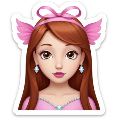 girl with fair skin, long straight reddish brown hair, big brown almond eyes, long eyelashes, thick dark eyebrows, straight nose, full pink lips with cupids bow, diamond face shape, clean girl aesthetic sticker